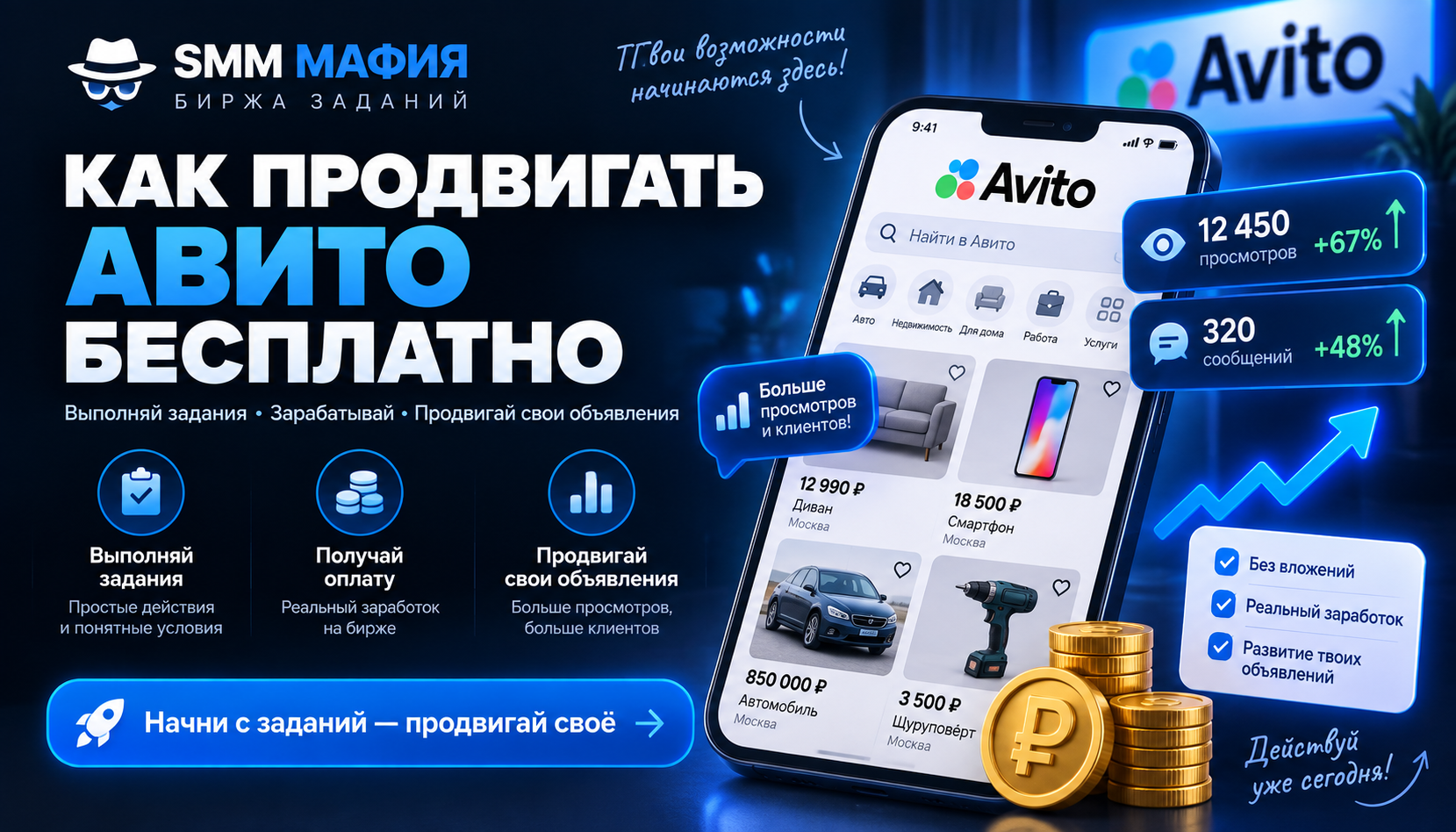 Как продвигать Авито бесплатно — заработок на заданиях и продвижение на SMM Мафия